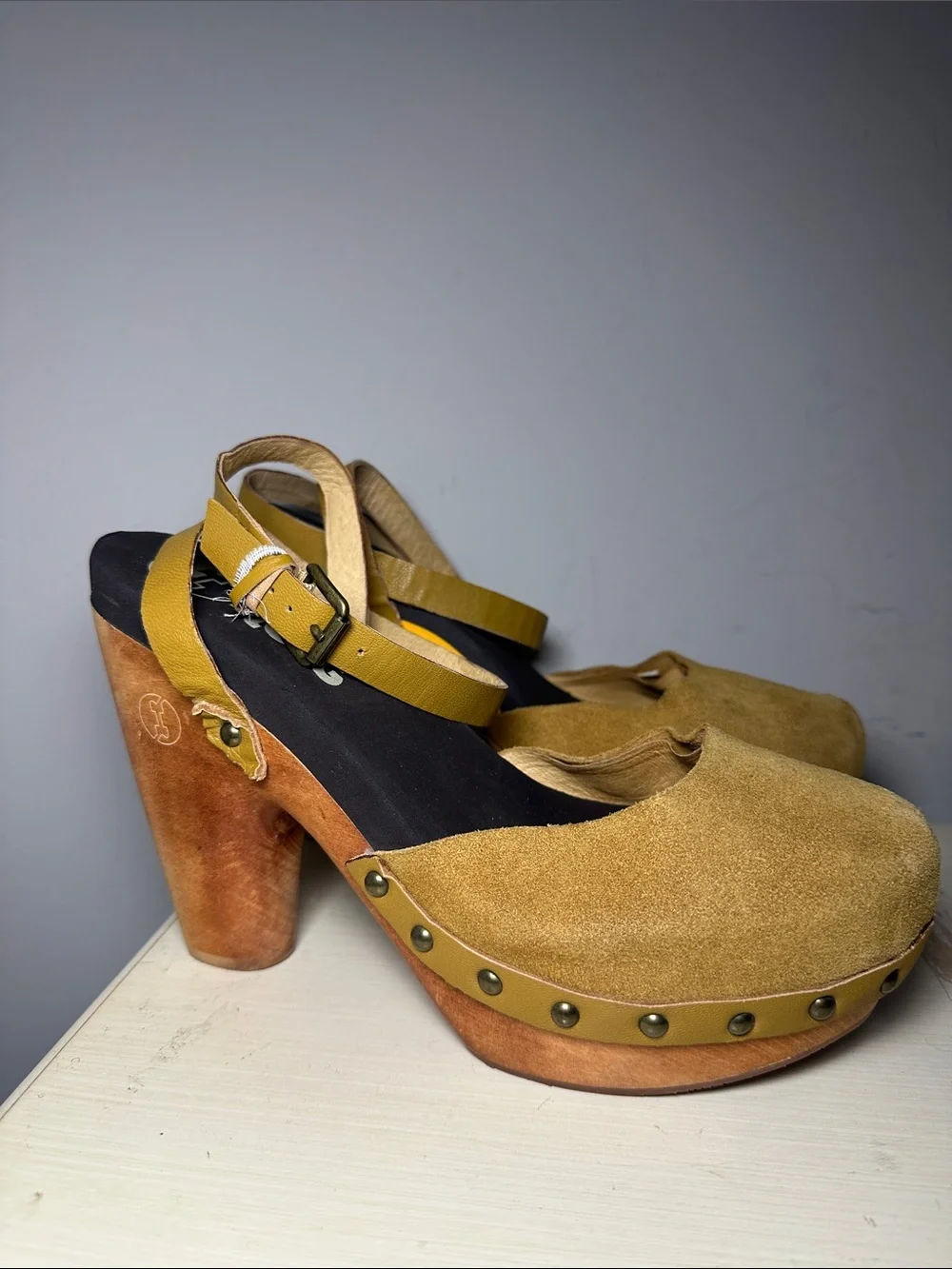 Flogg Women’s Mustard yellow leather suede wood Platform Mary Jane Heels